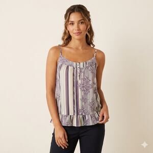 To The Max 100% Silk Tank Top Camisole‎ Medium M Purple Floral Stripe Ruffle